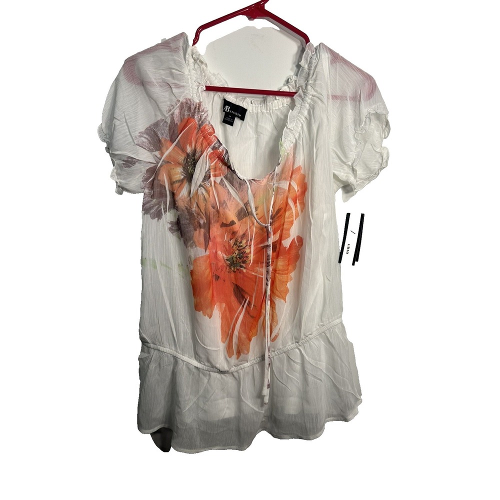AB studio womens white floral short sleeve shirt blouse size medium‎